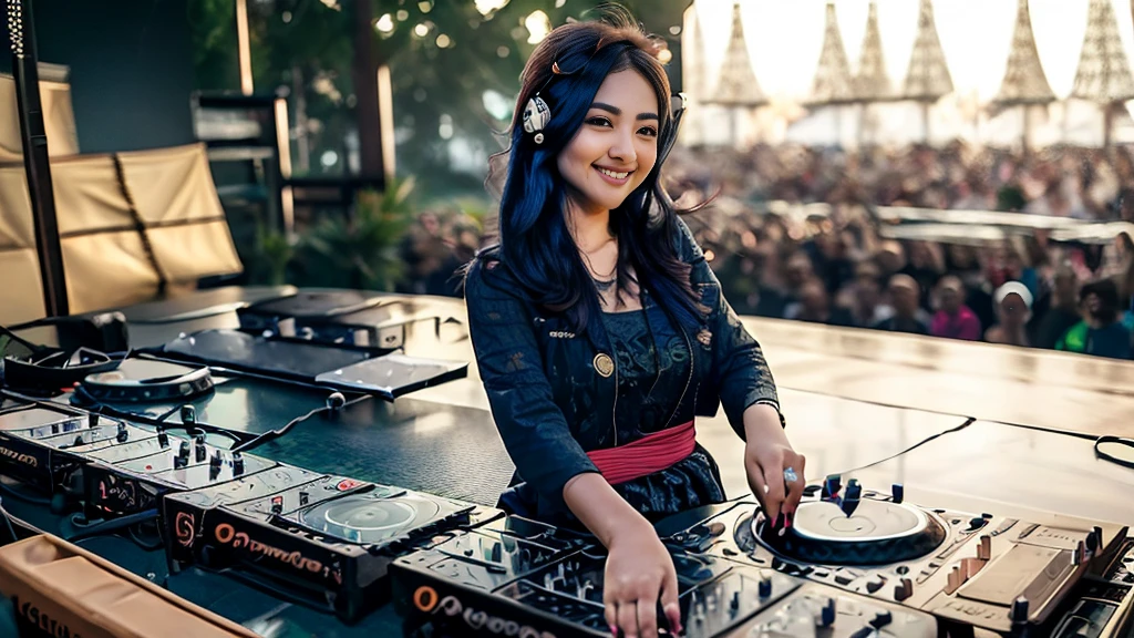 (ultra - detailed, 16K resolution, Cinema lenses, rendering by octane), (high resolution:1.18), intricate detail, (masterpiece:1.1), (highest quality:1.1), (1girl, portrait, white hair, blue eyes, short hair, detailed eyes),Wearing silver DJ headphones, 1 malay-Indonesian girl, modern plain hot deep neck top and dupatta, shy, medium portrait, watery eyes, wearing blue dark green kebaya, ((big breasts)), black bokeh background, well-proportioned body,, chubby massive thighs, full body pose, Hena art on the body, hena art on arms, full body view , wearing red sneakers , Smile while DJing on stage, full body shot of, The spotlight shines on the female DJ. Photorealistic photography by Disco Lighting, (cute round face:1.3), perfect fingers, five fingers, beautiful hands, perfect hands. master peace, cute smile.