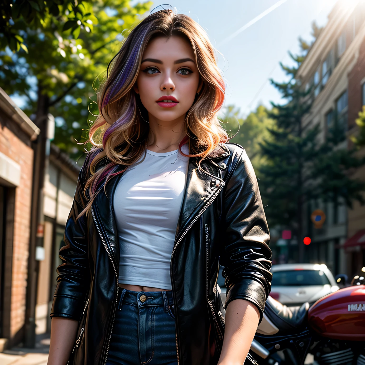 (masterpiece, photorealistic:1.4, extremely intricate:1.3, radiosity, photon mapping, dtx), ((20 year old athletic supermodel, ((25 years old), serious, long eyelashes, makeup:1.2), black leather coat, white t-shirt, ((from below)), red lips)), ((([skin detail:freckles:0.5], portrait))), outdoor, roadhouse parking lot, Motorcycle, faraway motorcycles, professional photograph, (((long curly [blonde hair:rainbow colored hair:0.1])), wind), BREAK ((intense sunlight, ((film grain))), bokeh), BREAK, ((([small breasts:medium  breasts:0.3])))
