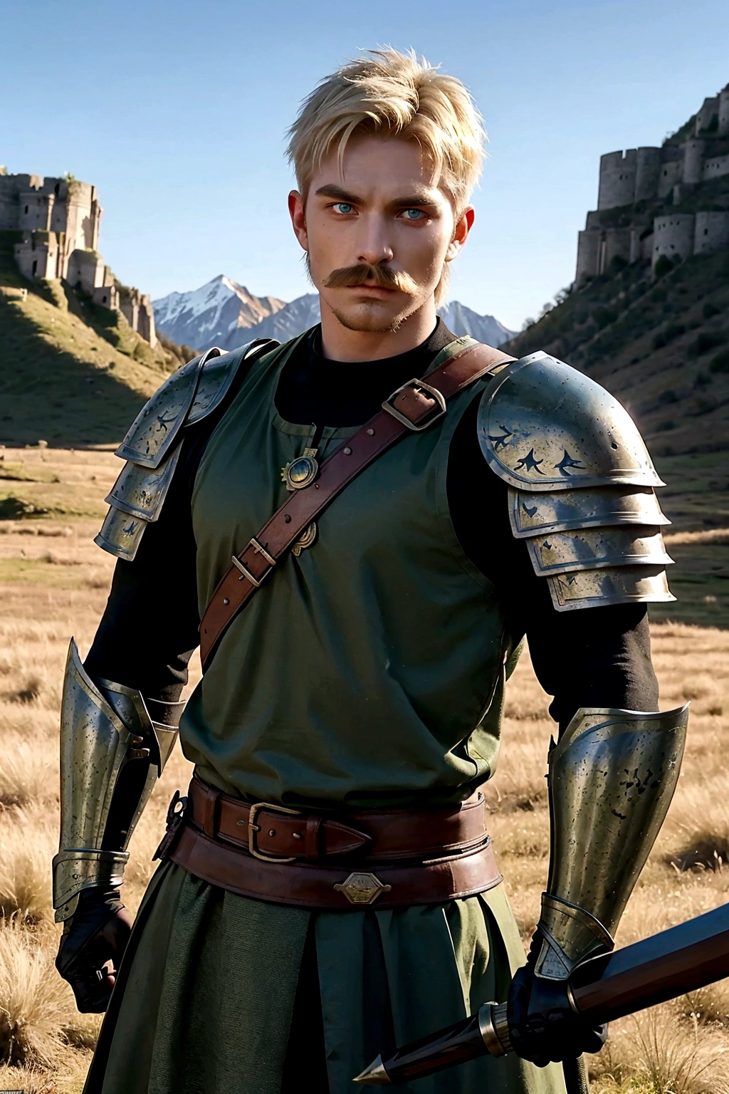A fierce 26 year old warrior man, green eyes, short blonde hair, mustache. Strong muscles, dressed in medieval armor and wielding a formidable weapon, showing his warrior spirit. Make sure the backdrop reflects the rugged beauty of a forest landscape, Bright Light Eyes, HD, 8K