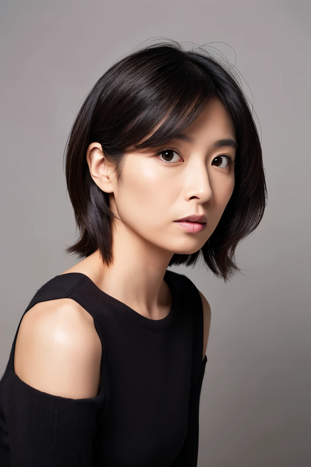 (High reality photograph, high resolusion photograph, super detailed face, detailed eyes) Japanese woman, {30|40} years old, slender body, cute face, various face expression, black {long|short} hair, medium breasts, very thin waist, correct human body structure, Off-the-shoulder Red Dress, (full body photo), alone in a photo