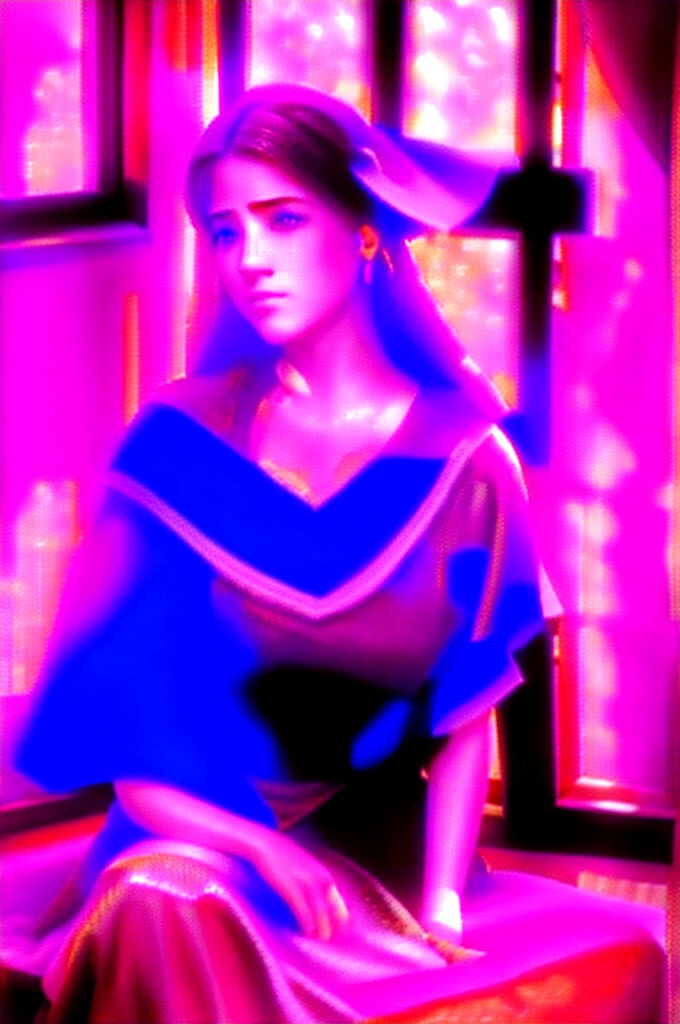 Juana la Loca, Description: Sitting in isolation with a distressed look, Era: Late 15th century, Clothing: Simple medieval dress, Setting: Dimly lit castle cell, Background action: Sparse furnishings and barred window, Shot type: Medium shot, Style: Hyper-realistic, photo realism, cinematography --ar9:16.
