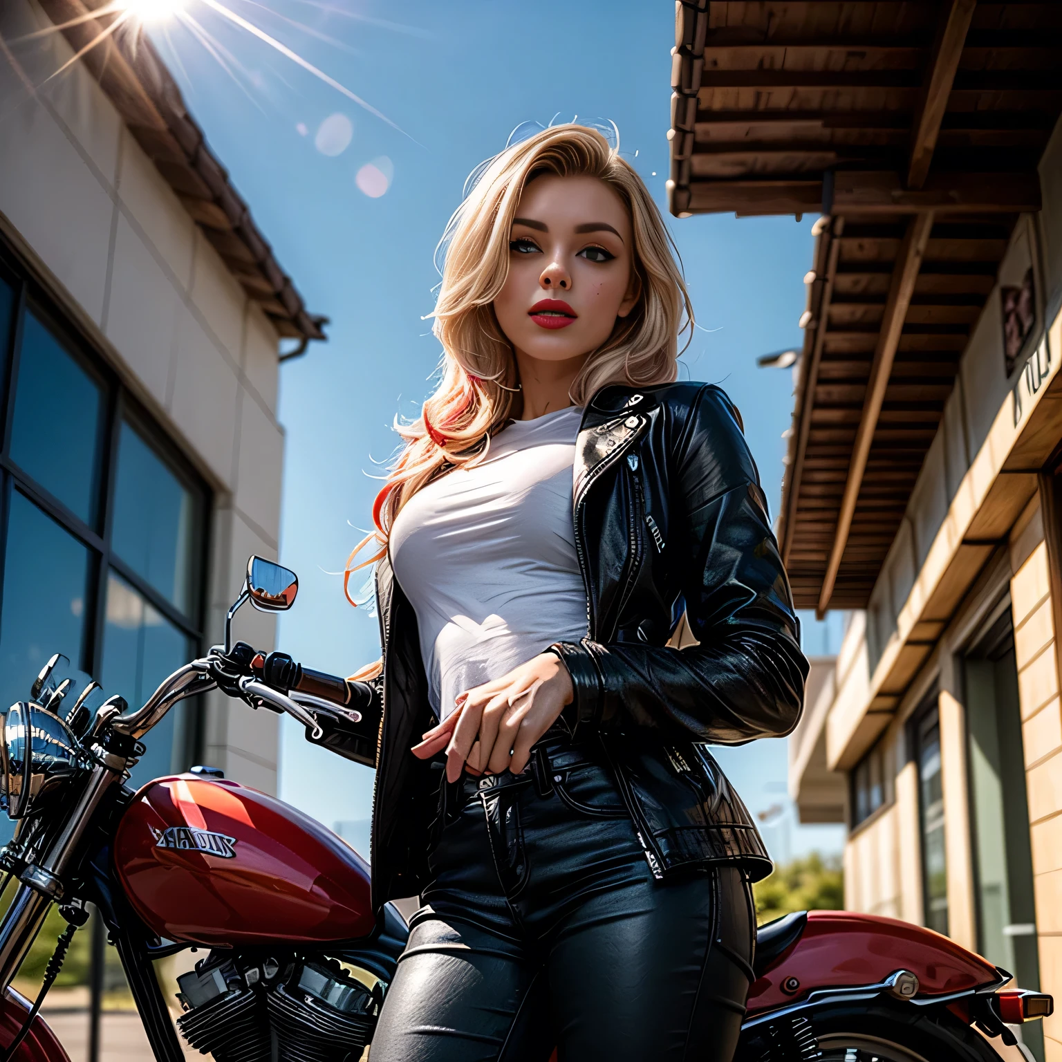 (masterpiece, photorealistic:1.4, extremely intricate:1.3, radiosity, photon mapping, dtx), ((20 year old athletic supermodel, ((25 years old), serious, long eyelashes, makeup:1.2), black leather coat, white t-shirt, ((from below)), red lips)), ((([skin detail:freckles:0.5], portrait))), outdoor, roadhouse parking lot, Motorcycle, faraway motorcycles, professional photograph, (((long curly [blonde hair:rainbow colored hair:0.1])), wind), BREAK ((intense sunlight, ((film grain))), bokeh), BREAK, ((([small breasts:medium  breasts:0.3])))