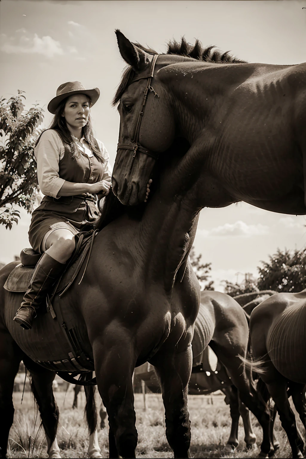 ultra realistic Sepia photo of a giant tall horse surrounded by farmers posing alongside it , old, texture, ancient,