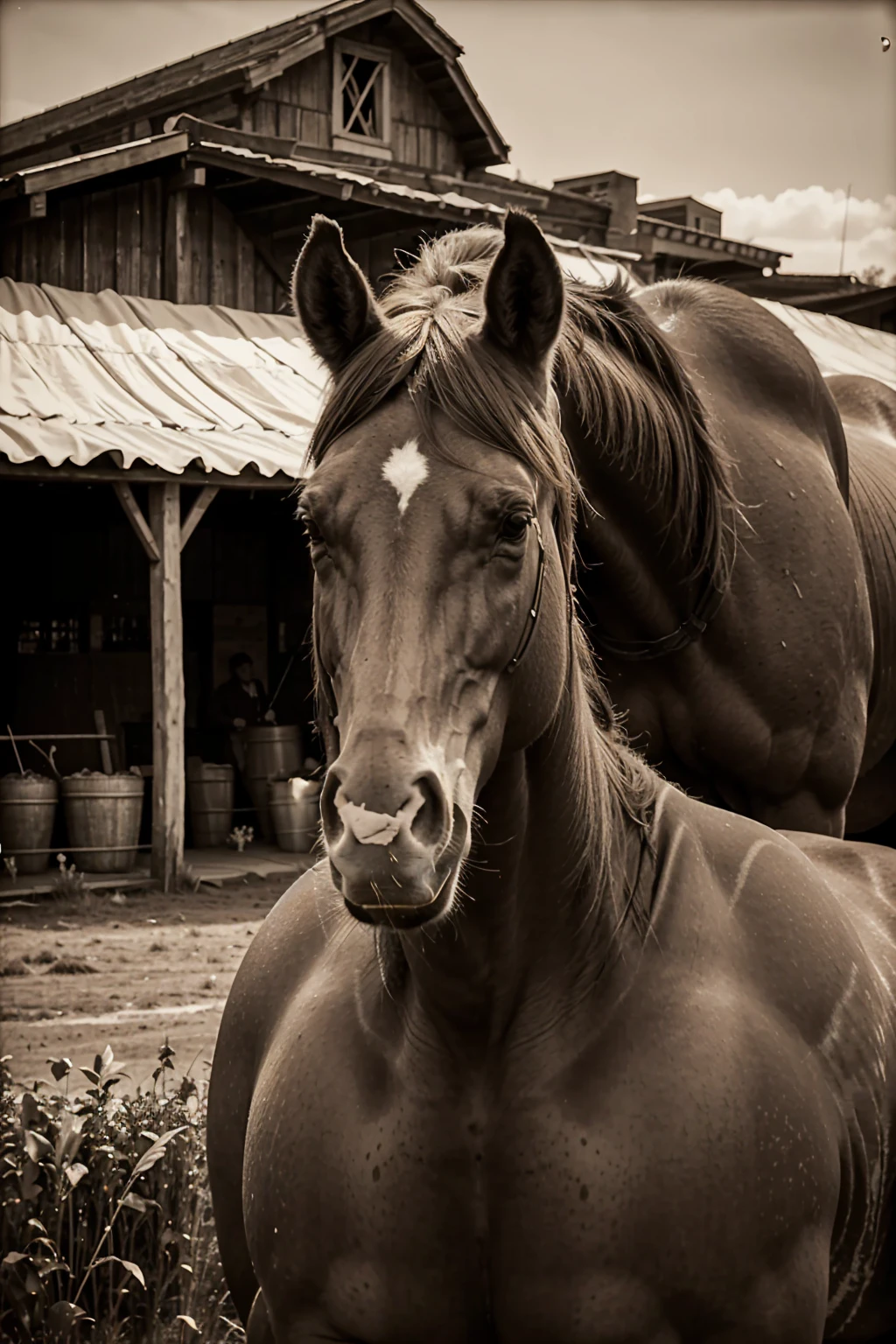 ultra realistic Sepia photo of a giant tall horse surrounded by farmers posing alongside it , old, texture, ancient,