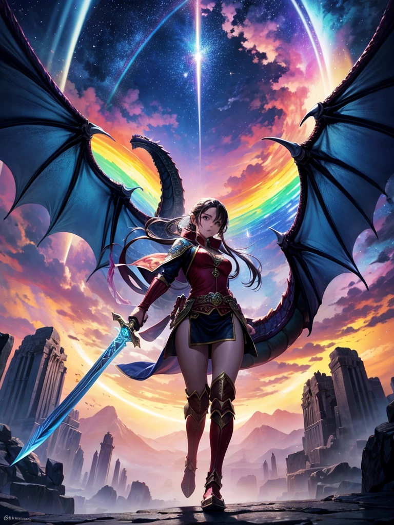 Highest quality,Highest Resolution,１Beautiful girl of the person,up,Fighting a big dragon,Holding a sword,In the sky１rainbow,Ancient City,Fantasy,