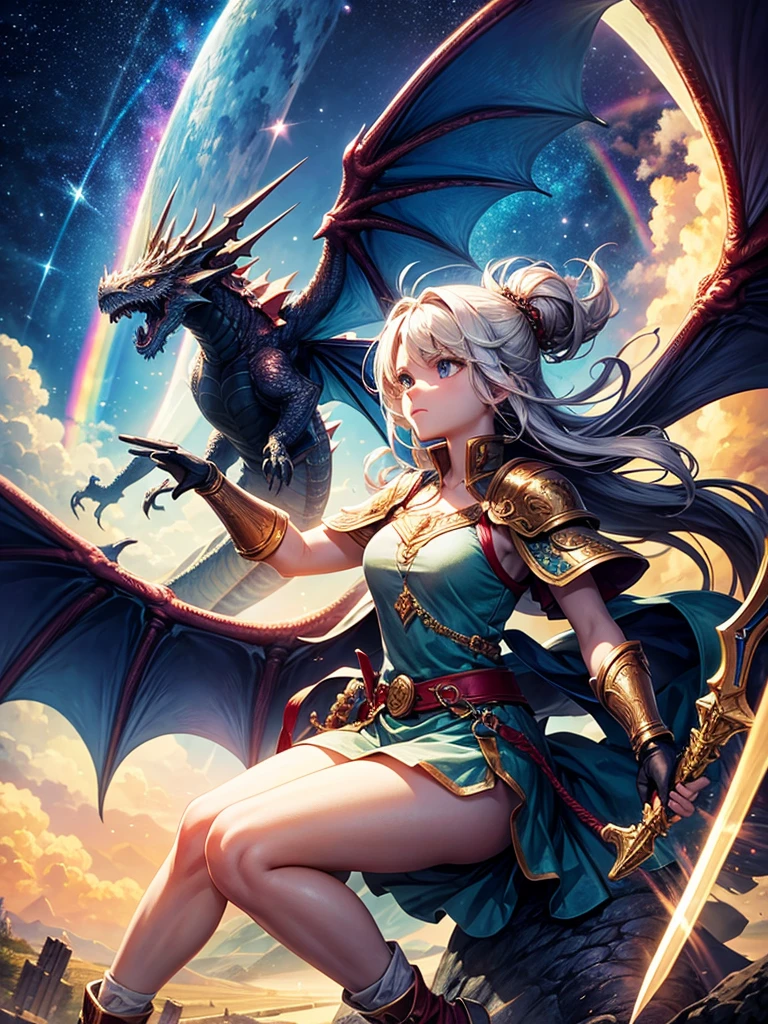 Highest quality,Highest Resolution,1Beautiful girl of the person,up,Fighting a big dragon,Holding a sword,In the sky1rainbow,Ancient City,Fantasy,