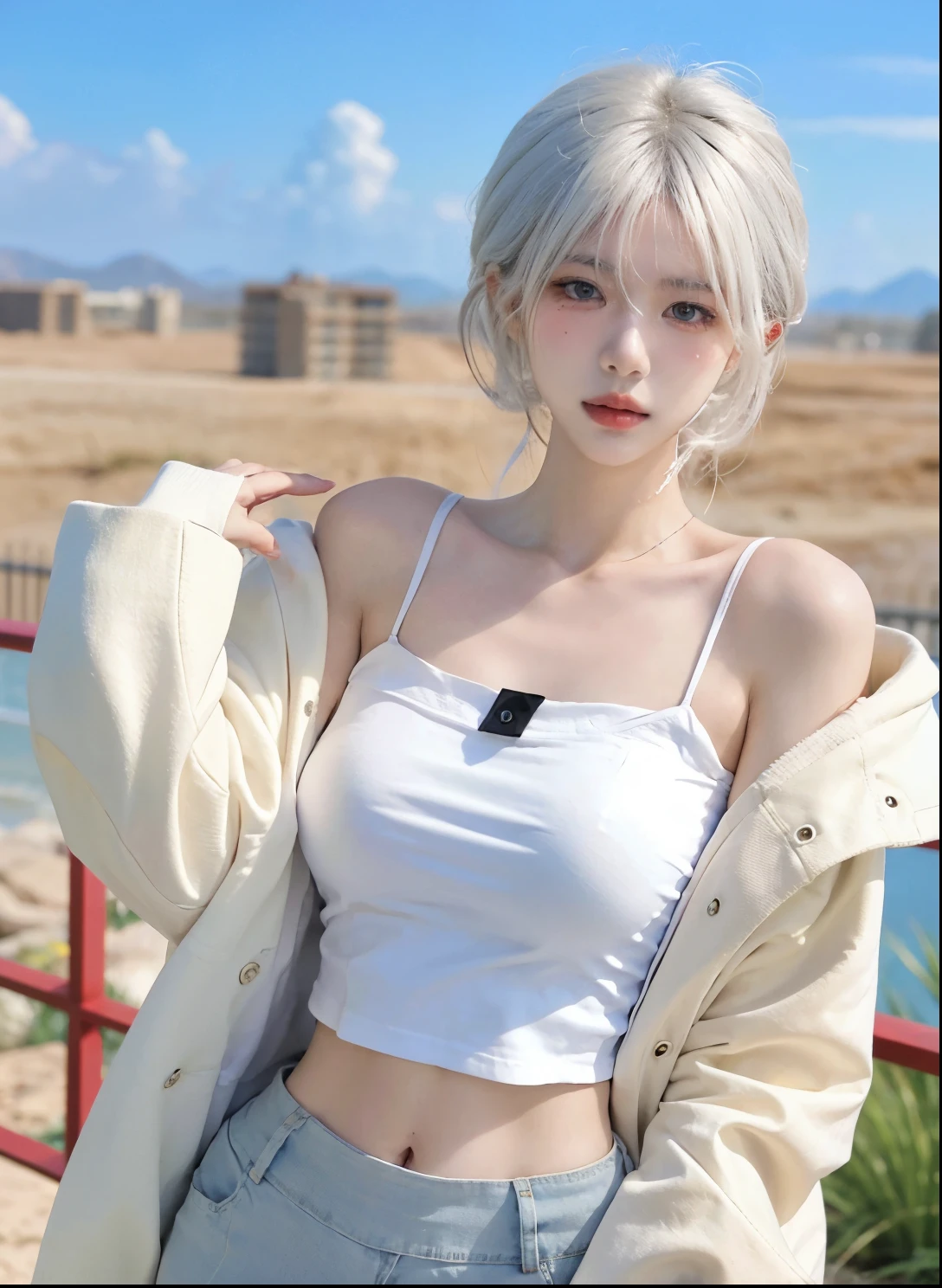 Beautiful woman with perfect figure:1.4,Desert Background,Desert Background,Ultra-high resolution,Seductive laughter,wear glasses,(lifelike:1.4),Layered Hairstyle,White皮肤,Super short pleated skirt,whole body,Very delicate face and skin texture,Double eyelids,Skin Whitening,Long hair,White hair,White,