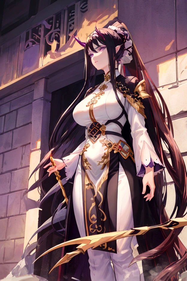 An adult tall woman, a war goddess, black hair with gray streaks, high ponytail, purple eyes, divine light, muscular physique, open white clothes, indifferent gaze, lipstick, dragon horns and tail, spears, reference, full height, ghost