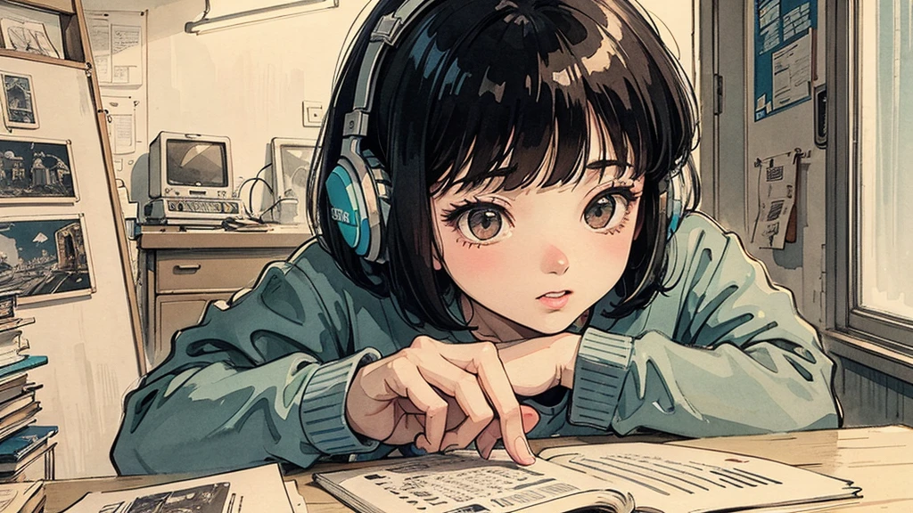 A very detailed beautiful woman, Perfect face,Black Hair, bob cut,Bangs, Gray eyes, Super detailed, Retro Wave , Wearing headphones, Studying in the room, Neon scenery on rainy day,Simulate color themes, Lo-fi hip-hop , Retrospective, flat, 2.5 days ,draw a line, digital ink painting, The slope is great, watercolor, Gush Nucleus, Studio Ghibli style, amazing colors, Appearance tons, Synthwave, Luo Fei Art,90s style,Ancient textures, amplitude,90s vibe, On the table, Amazing technology, 16:Scale 9