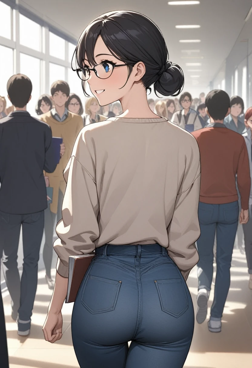 Adult female, highly detailed, glasses, short and messy black hair tied back, blue eyes, smile, crowded college hallway, cardigan, jeans, perfect eyes with black pupils, expressive eyes, high quality, best quality, walking, holding books, well defined eyes, behind view, far away