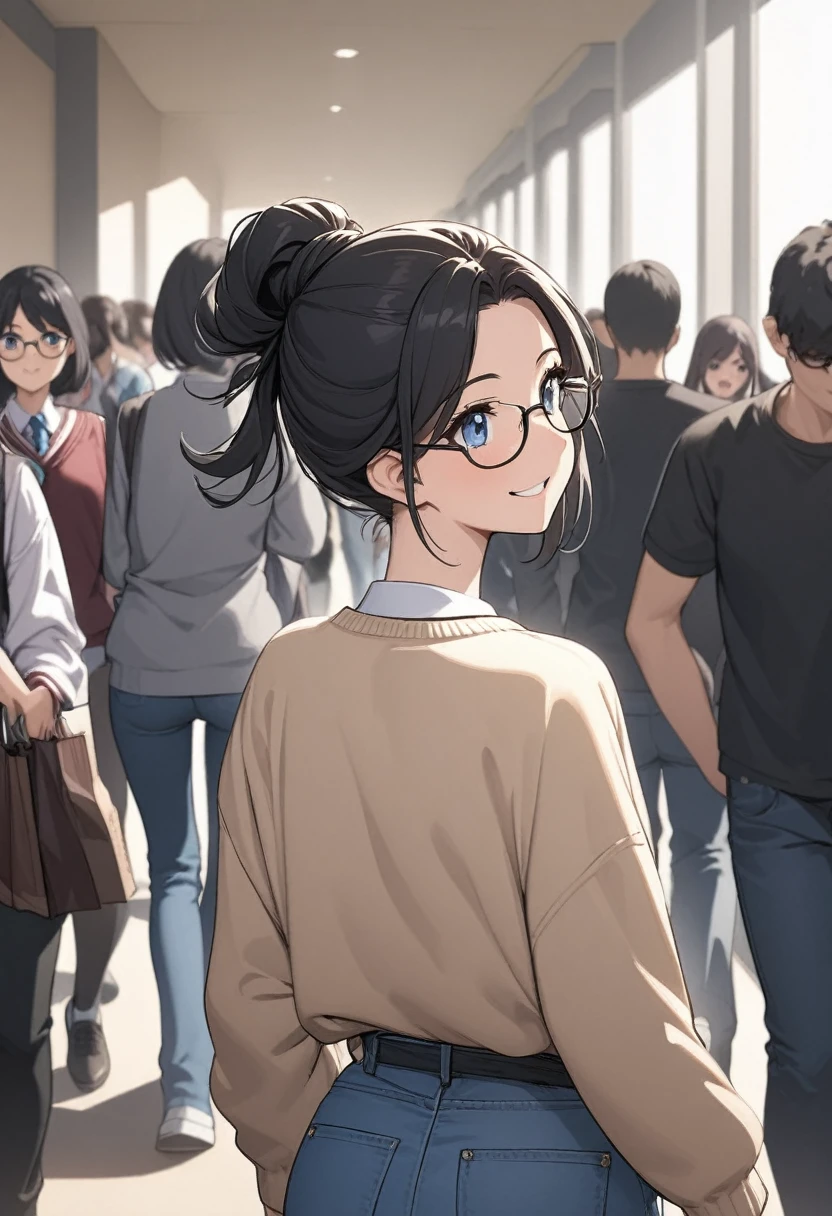 Adult female, highly detailed, glasses, short and messy black hair tied back, blue eyes, smile, crowded college hallway, cardigan, jeans, perfect eyes with black pupils, expressive eyes, high quality, best quality, walking, holding books, well defined eyes, behind view, far away