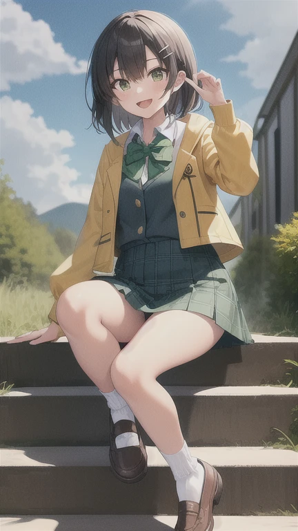 Masterpiece, Best Quality,  tlrharuna, Hair clip, green bow tie, yellow Jacket, long sleeves, green miniskirt, tartan, :d, undulation, blue sky, clouds, socks, moccasins, stairs, raised arm, looking at the viewer