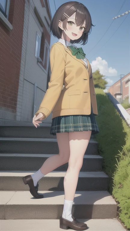 Masterpiece, Best Quality, tlrharuna, Hair clip, green bow tie, yellow Jacket, long sleeves, green miniskirt, tartan, :d, undulation, blue sky, clouds, socks, moccasins, stairs, raised arm, looking at the viewer