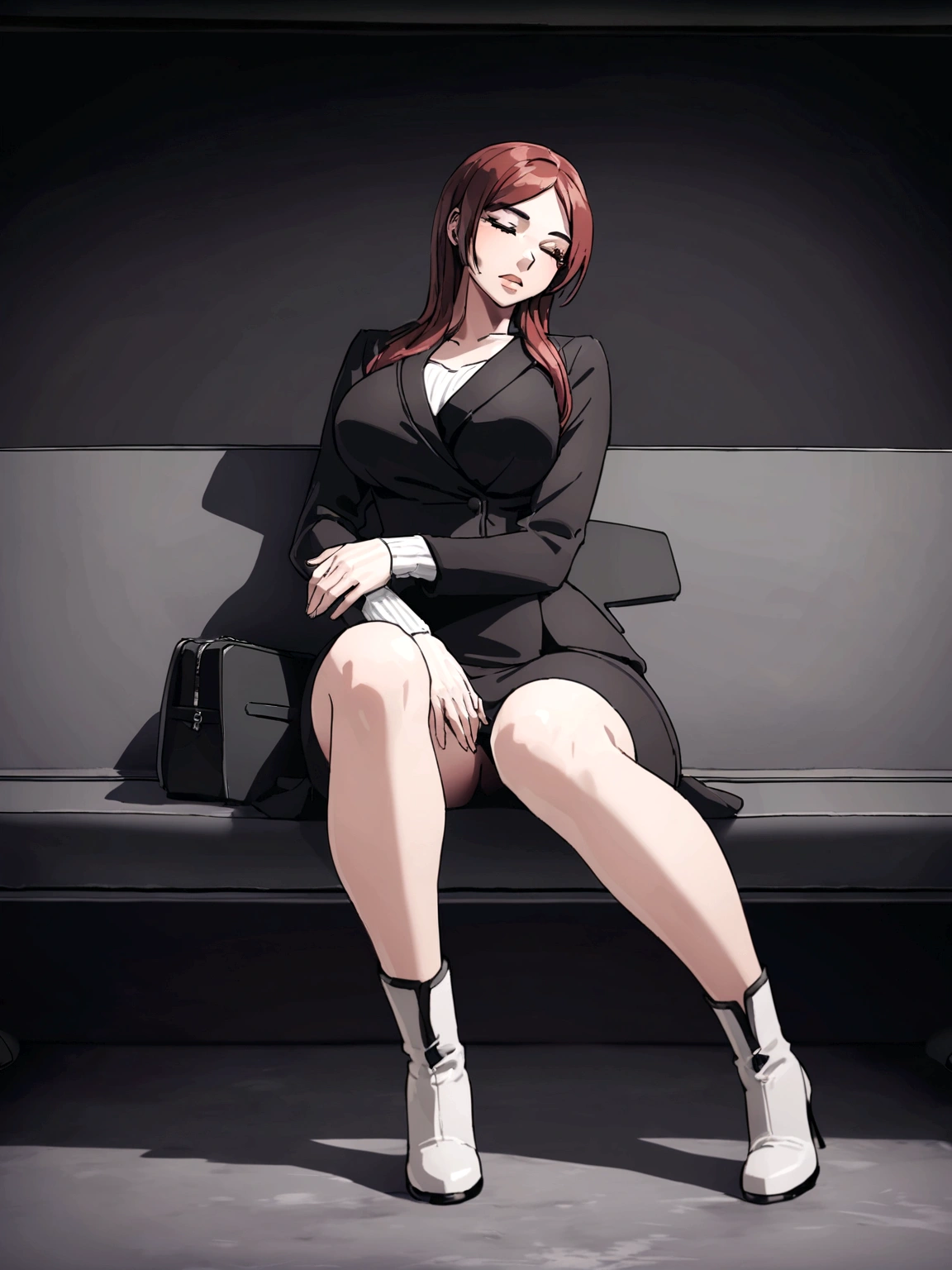 1 beautiful woman,, large body, red hair, outlined eyelids, made-up eyelids, black dress, white sweater, neckline, white boots, black bag, sleeping sitting on the bus, mouth open, eyes closed, Lucy Pinder younge.
