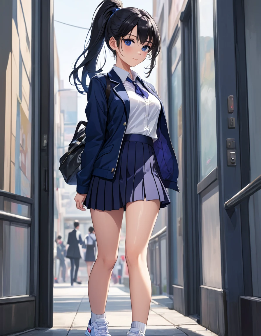 ((Highest quality)), ((masterpiece)), (detailed), (((Perfect Face))), ((A slim 16-year-old girl)), (((A girl wearing a short, tight navy blue jacket, White button-up shirt))), (((Dark blue pleated skirt))), ((Black Hair)), ((Black slanted eyes)), ((ponytail)), (((Are thin))),(((A shy smile))), ((Thin thighs)), ((Thin Hips)), (((girl looking away))), (((Teenage students in suits))), (((Empty Collar))), (((Bare thighs))), (((Wear sneakers)))、{{{Back view}}}, (((Flip up the skirt)))、(((Showing panties)))、(((Turn your butt))),(((Body pillow))), (((Tuck up your shirt))),(((Showing off your bra))),
