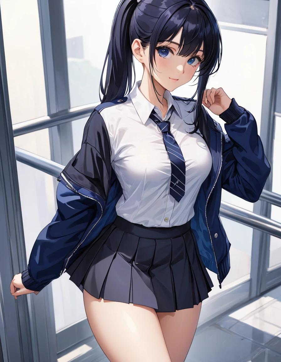 ((Highest quality)), ((masterpiece)), (detailed), (((Perfect Face))), ((A slim )), (((A girl wearing a short, tight navy blue jacket, White button-up shirt))), (((Dark blue pleated skirt))), ((Black Hair)), ((Black slanted eyes)), ((ponytail)), (((Are thin))),(((A shy smile))), ((Thin thighs)), ((Thin Hips)), (((girl looking away))), (((Teenage studentssuits))), (((Empty Collar))), (((Bare thighs))), (((Wear sneakers)))、{{{Back view}}}, (((Flip up the skirt)))、(((Showing panties)))、(((Turn your butt))),(((Body pillow))), (((Tuck up your shirt))),(((Showing off your bra))),