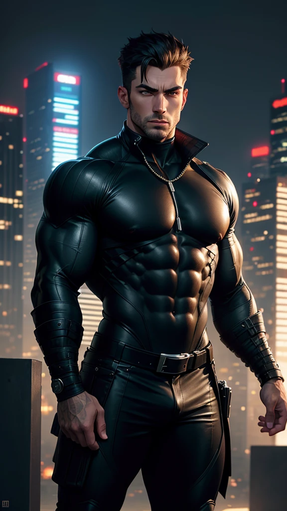 a handsome muscular male spy in a tight black spy costume, highly detailed face, beautiful eyes, sharp facial features, big pectorals, muscular build, oppai, super buff, on top of a skyscraper, city skyline in the background, cyberpunk style, high resolution, strong and imposing, thicc, hiding in the rooftops, dramatic lighting, cinematic, photorealistic