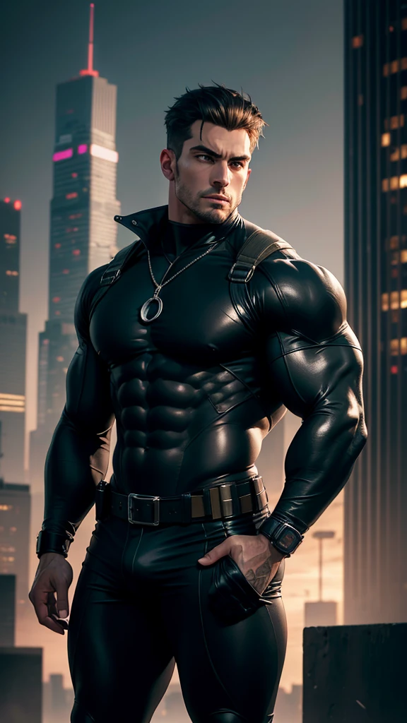 a handsome muscular male spy in a tight black spy costume, highly detailed face, beautiful eyes, sharp facial features, big pectorals, muscular build, oppai, super buff, on top of a skyscraper, city skyline in the background, cyberpunk style, high resolution, strong and imposing, thicc, hiding in the rooftops, dramatic lighting, cinematic, photorealistic