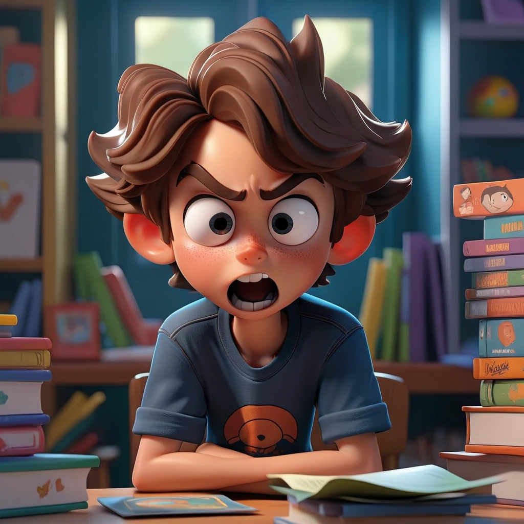 A 3D cartoon of a 9-year-old boy with tousled brown hair and big, expressive eyes, wearing a blue t-shirt and jeans. He is sitting at his desk in a bright, colorful classroom decorated with posters and bookshelves. The boy suddenly realizes his pants are wet, his face showing shock and embarrassment with wide eyes and a dropped jaw