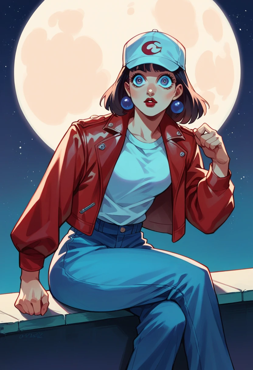 a suburban girl, white cap costume red leather jacket hair Carly hairstyle, big sweet eyes, lipstick on her lips, dynamic pose, sitting next to a 90s stereo, suburban São Paulo , full moon night.