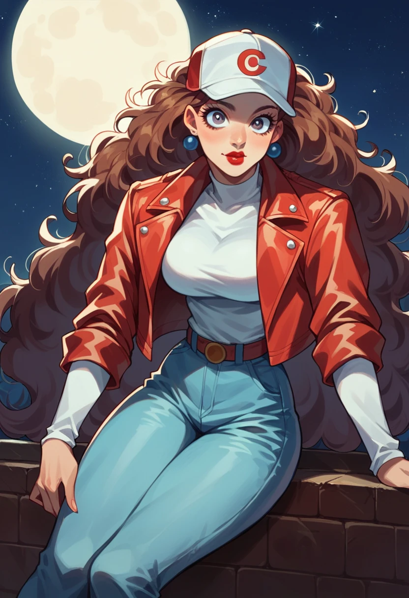a suburban girl, white cap costume red leather jacket hair Carly hairstyle, big sweet eyes, lipstick on her lips, dynamic pose, sitting next to a 90s stereo, suburban São Paulo , full moon night.