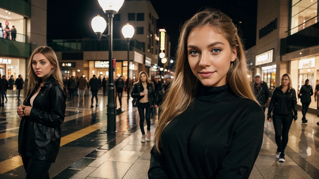Lily Bowman), posing, modeling, with black casual outfit design, full body, mall, in the night, sexy smile, best quality, blur night background with Green Eyes, , Ultra Realistic, Meticulously Detailed, Portrait, Blonde Hair and Big Eyes, Selfie of a Young Woman, Green Eyes, No Makeup, Natural Makeup, Looking Directly at the Camera, face artgram, subtle make-up, Impressive photo, stand, with sexy smile, Medium and large size chest, allowing the face to be seen clearly, mall, night.