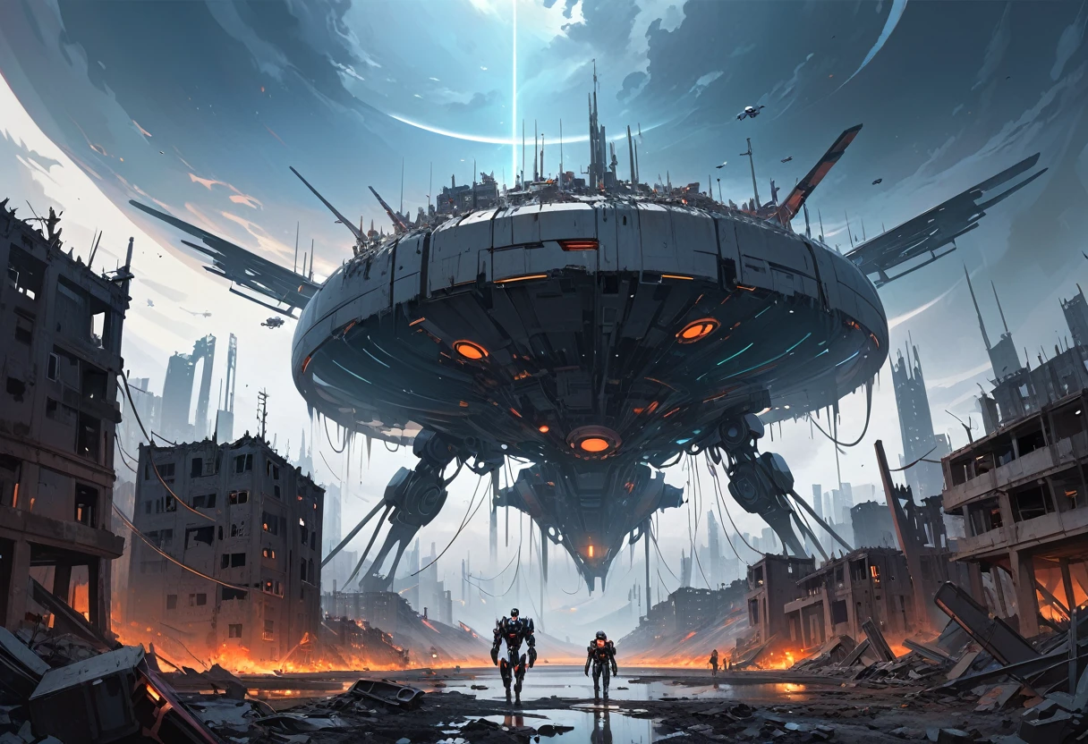 large minimalist landscape, futuristic atmosphere, dead world theme, polluted world, destroyed minimalist city with unfinished building structures, all constructions made of steel and iron, without vegetation, No Water, dark world, spectacular sky from another world, humanoid robots and drones roaming the environment. oil painting)
