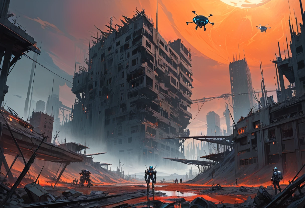 large minimalist landscape, futuristic atmosphere, dead world theme, polluted world, destroyed minimalist city with unfinished building structures, all constructions made of steel and iron, without vegetation, No Water, dark world, spectacular sky from another world, humanoid robots and drones roaming the environment. oil painting)
