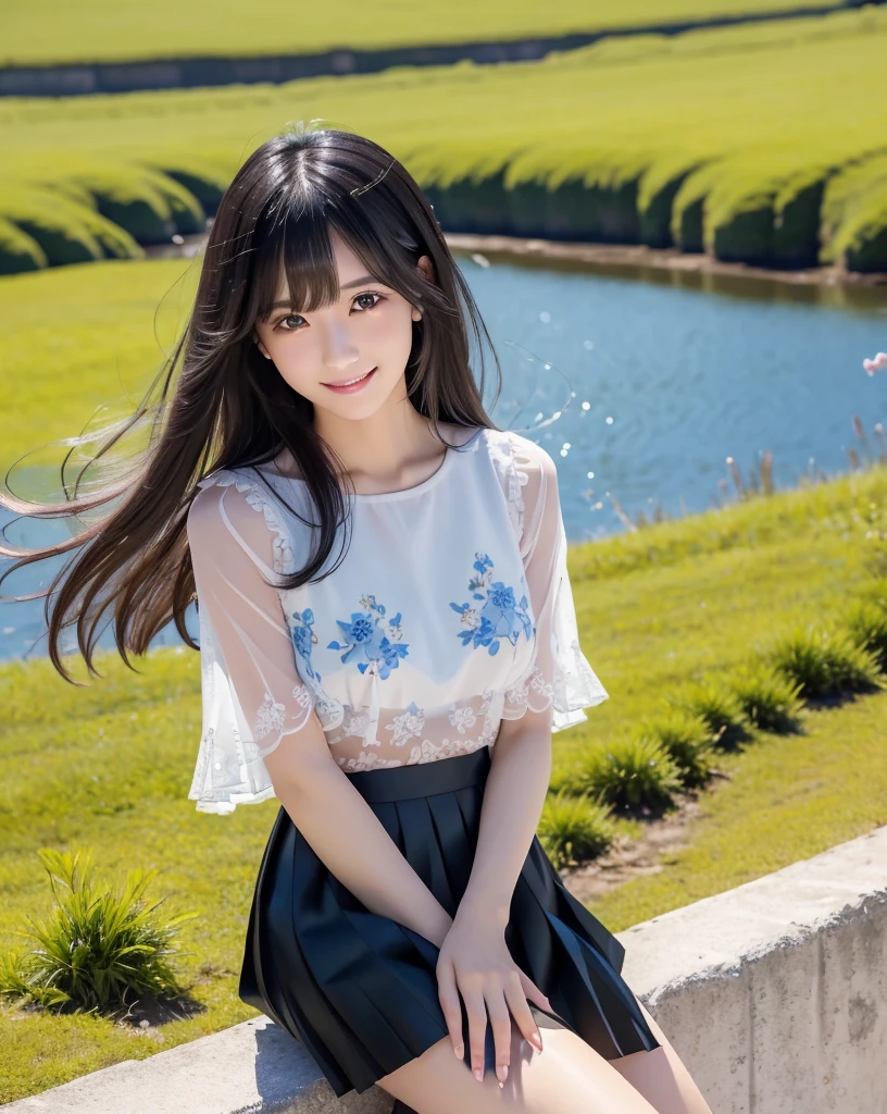 (Highest quality, 32k, High resolution, Masterpiece:1.5), marimo_jet, god々A photograph with brilliant dazzling and healing power., Evoking a sense of calm and elusive beauty, Expressing emotions, Have a rich imagination,Beautiful Japanese Girls, An exceptionally beautiful face, Small Face Beauty, Perfect Human Anatomy, Magical big eyes, Motherhood and generosity, Deep Love, fleeting smile, ((Shiny black hair:1.1)), Super Long Straight Silk Hair, Asymmetrical bangs, Hair between the eyes, Transparent, soft white skin, Sharp eyebrows, Thin lashes, Natural Makeup, Cheek highlighter, Pale pink detailed lips, ((Blue camisole:1.2)), ((Black floral pleated skirt:1.2)), High resolutionの完璧な鎖骨, High resolutionの美しい胸元, Slim figure with ample breasts, High resolutionの美しい太もも, Beautiful legs, ((On the hill in spring:1.3)), ((A rural landscape below the hills:1.4)), Sitting on a green meadow, ((Absolute area:1.6)), Dazzling sunlight, blue sky, White cloud, Professional Lighting, Professional photographer, Professional models, god秘的