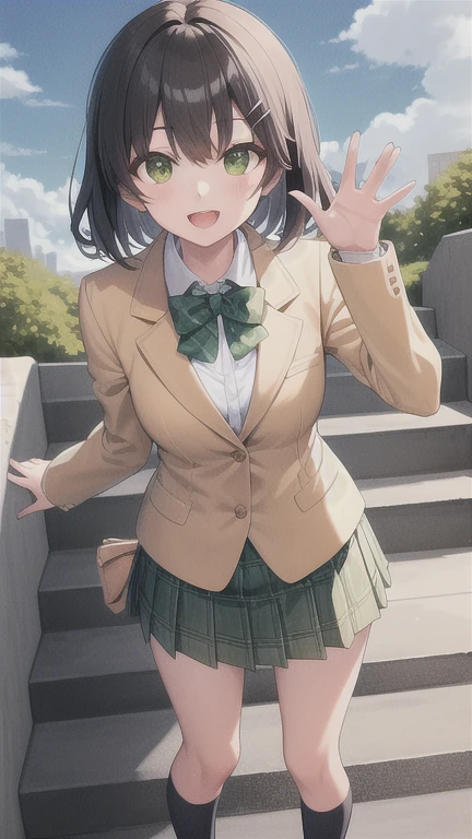 masterpiece, best quality, tlrharuna, hairclip, green bowtie, yellow blazer, long sleeves, green miniskirt, plaid, :D, waving, blue sky, clouds, socks, loafers, stairs, raised arm, looking at viewer