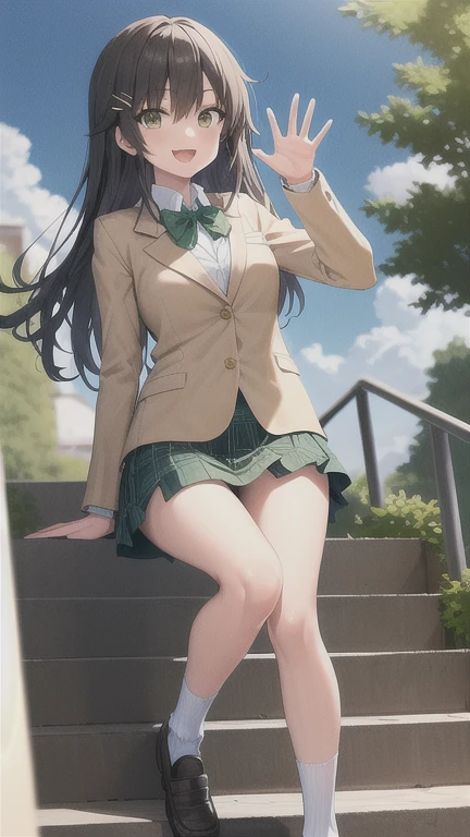 masterpiece, best quality, tlrharuna, hairclip, green bowtie, yellow blazer, long sleeves, green miniskirt, plaid, :D, waving, blue sky, clouds, socks, loafers, stairs, raised arm, looking at viewer