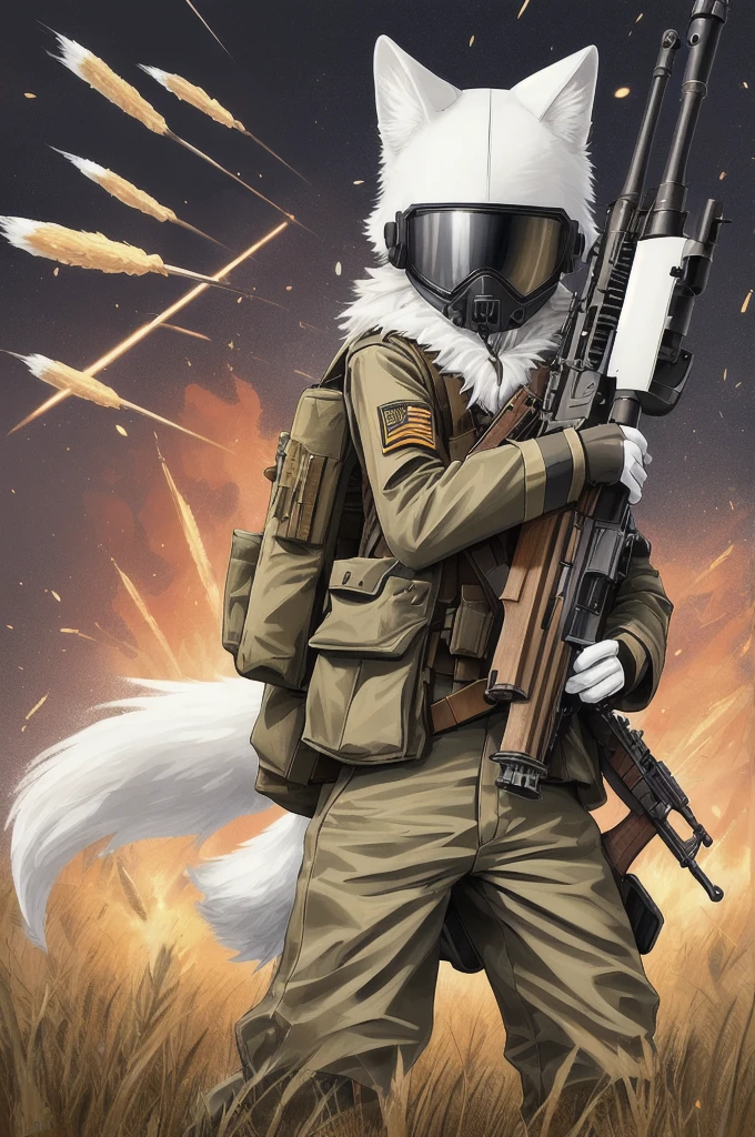 (((best quality))), solo, (stand with rifle), (furry), young boy, cat ears, m1 helmet, ((white fur)), ((body fur)), (smooth fur), (ammo pounch), (khaki uniform), flat chest, fluffy tail, (on battlefield), m1 garand, fight, explosion, fully clothed