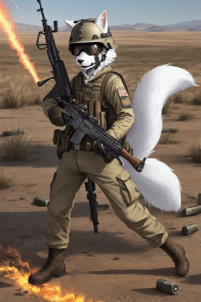 (((best quality))), solo, (stand with rifle), (furry),  boy, cat ears, m1 helmet, ((white fur)), ((body fur)), (smooth fur), (ammo pounch), (khaki uniform), flat chest, fluffy tail, (on battlefield), m1 garand, fight, explosion, fully clothed