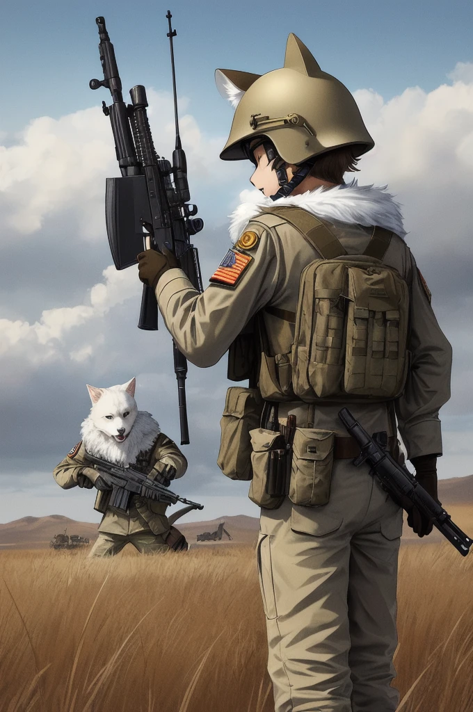 (((best quality))), solo, (stand with rifle), (furry), boy, cat ears, m1 helmet, ((white fur)), ((body fur)), (smooth fur), (ammo pounch), (khaki uniform), flat chest, fluffy tail, (on battlefield), m1 garand, fight, explosion, fully clothed