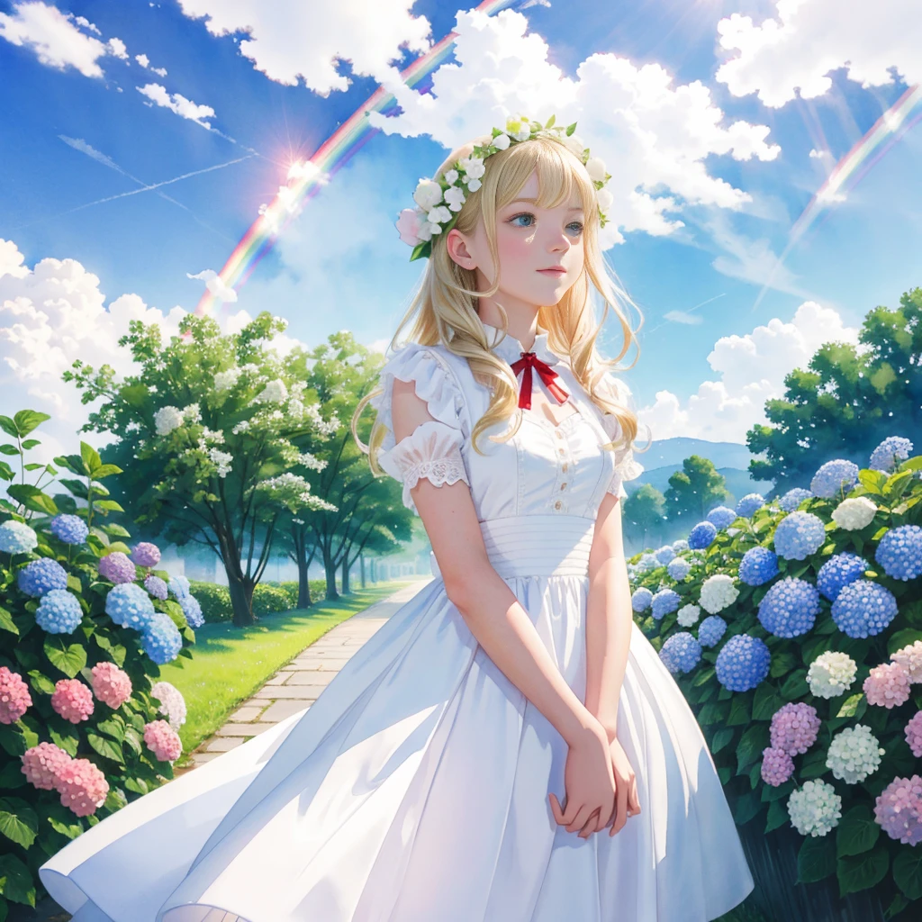 Highest quality,masterpiece,Watercolor style,Girl,Blonde,blue eyes,White dress,Red Ribbon Hydrangea,after the rain,rainbow,Looking up at the sky,smile,light spreads