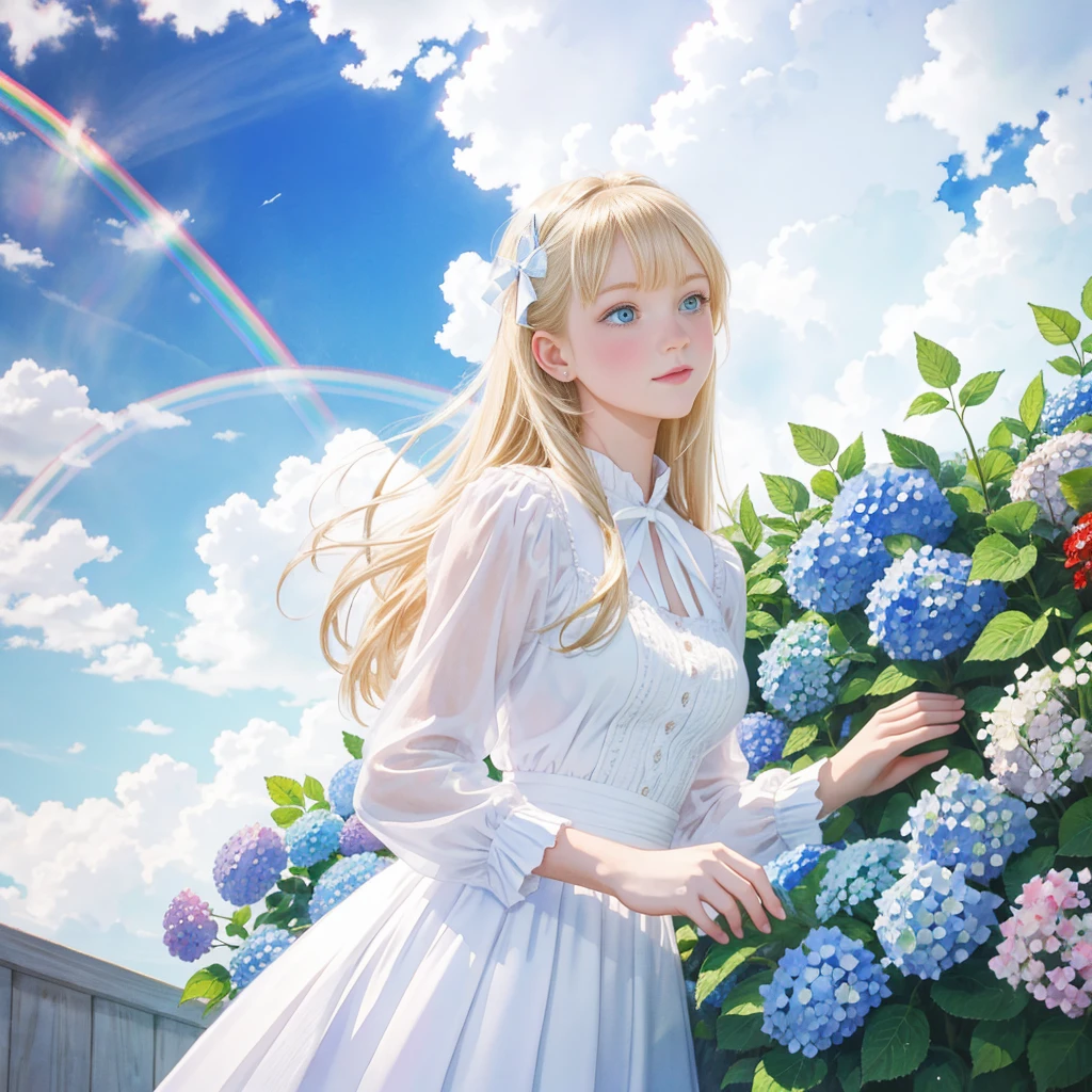 Highest quality,masterpiece,Watercolor style,Girl,Blonde,blue eyes,White dress,Red Ribbon Hydrangea,after the rain,rainbow,Looking up at the sky,smile,light spreads