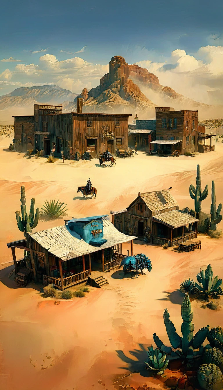 a detailed illustration of a town in the wild west, 1 cowboy, desert landscape, adobe buildings, dirt roads, wooden saloon, horses, cacti, blue sky, warm lighting, highly detailed, photorealistic, 8k, masterpiece, concept art