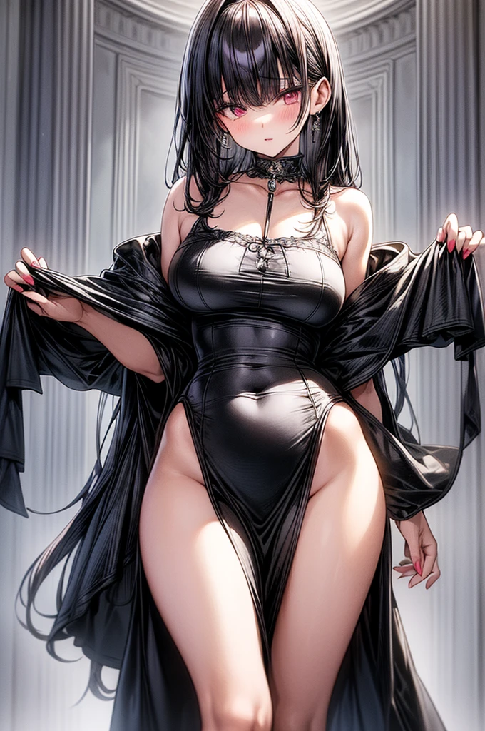 masterpiece, best quality, high-resolution, finely detailed, extremely detailed and beautiful, distinct image, 1 girl, solo, beautiful young teenage girl, 13 years old, tanned white skin, long loose and flowing silky negligee sleepwear, short shoulder length hair, sleek dark violet-black hair, Pixie cut hair, big round velvet colored eyes, fringe bangs over forehead, oval shaped face, sharp facial features, high-bridged nose, full cherry pink lips. medium height(172cm). D-cup ???????, small narrow waist. small delicate curvy ????, smooth silky thick thighs, large round ???, hourglass figure, slender and slim build with a toned and fit physique , standing upright, full body picture, hip-level shot. classy and opulent bedroom setting