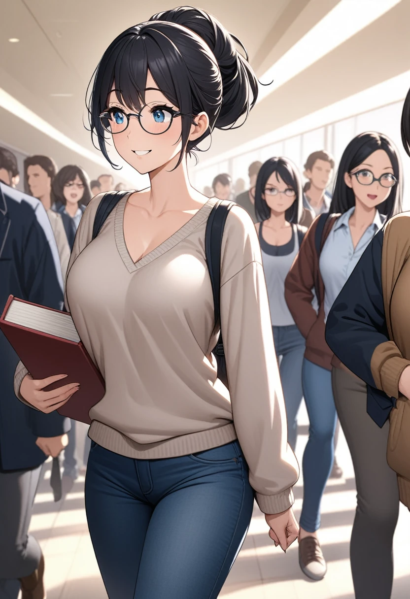 Adult female, highly detailed, glasses, short and messy black hair tied back, blue eyes, smile, crowded college hallway, cardigan, jeans, perfect eyes with black pupils, expressive eyes, high quality, best quality, walking, holding books, well defined eyes, busty, not looking, talking