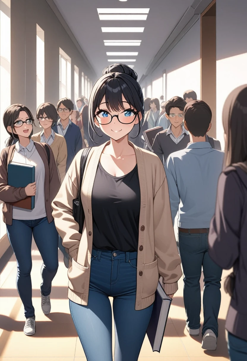Adult female, highly detailed, glasses, short and messy black hair tied back, blue eyes, smile, crowded college hallway, cardigan, jeans, perfect eyes with black pupils, expressive eyes, high quality, best quality, walking, holding books, well defined eyes, , not looking, talking
