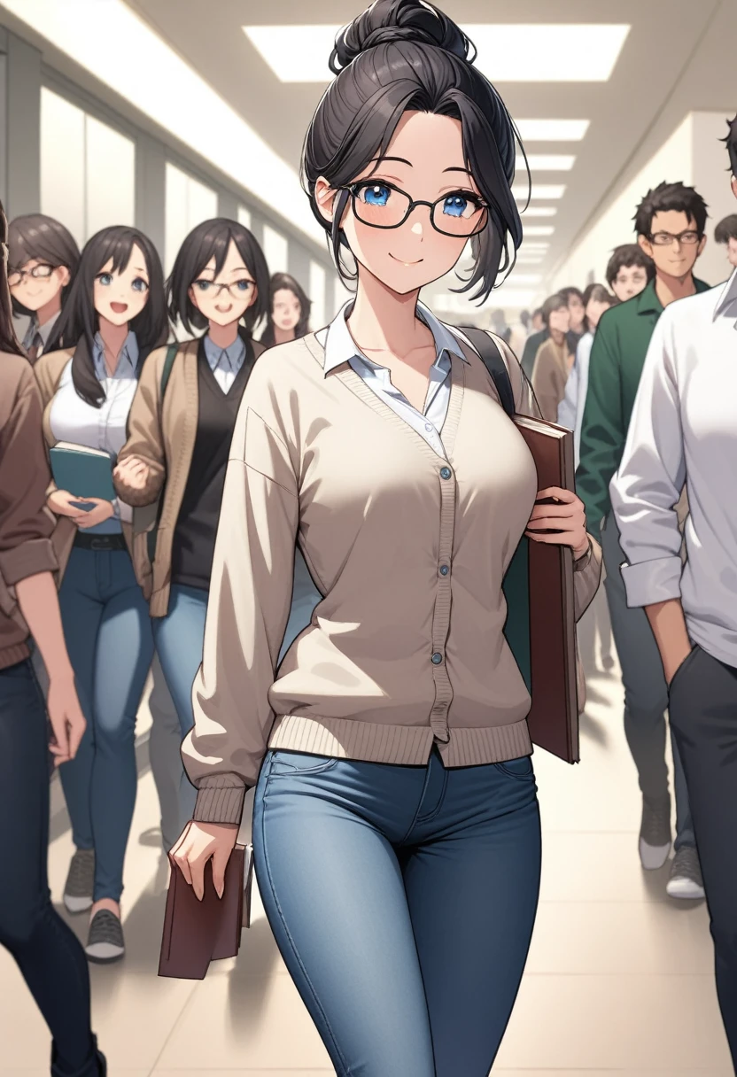 Adult female, highly detailed, glasses, short and messy black hair tied back, blue eyes, smile, crowded college hallway, cardigan, jeans, perfect eyes with black pupils, expressive eyes, high quality, best quality, walking, holding books, well defined eyes, busty, not looking, talking
