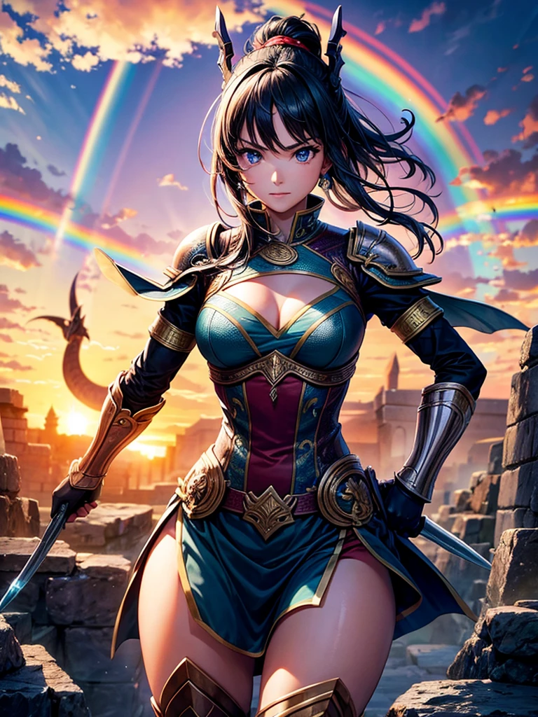 Highest quality,Highest Resolution,Beautiful girl warrior fighting a dragon,Ancient City,１Rainbow of Books,
