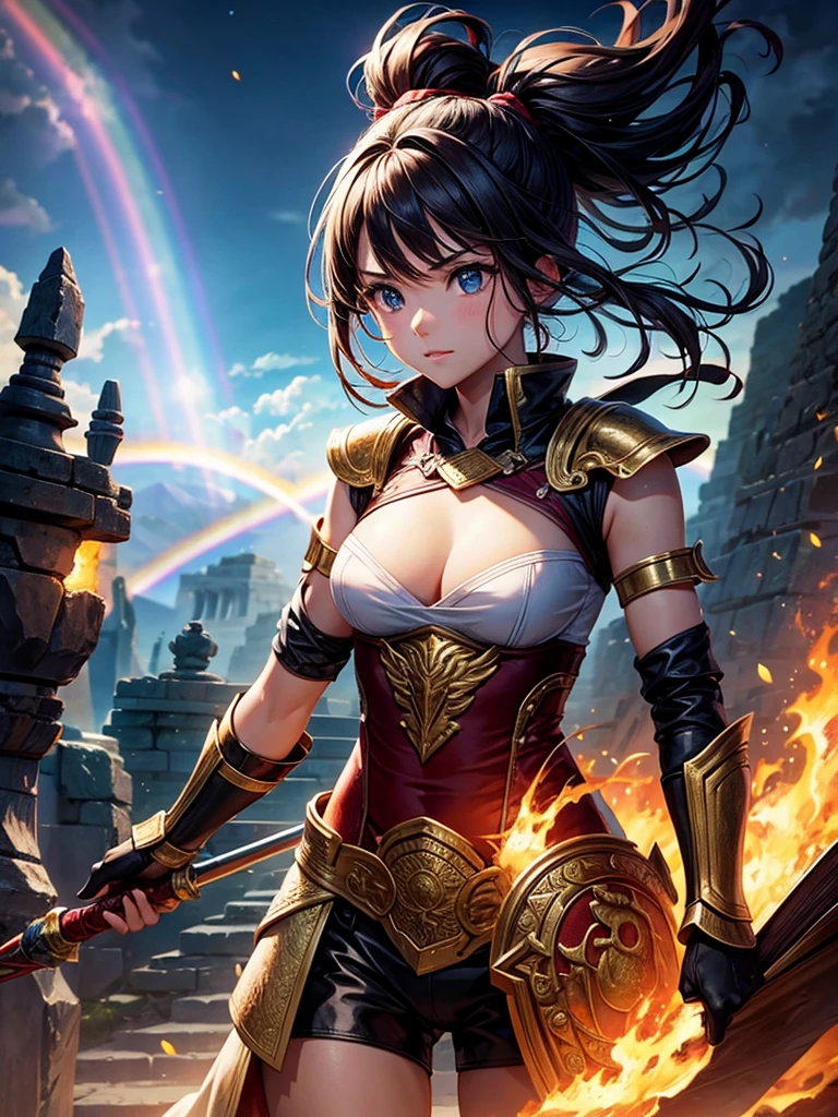 Highest quality,Highest Resolution,Beautiful girl warrior fighting a dragon,Ancient City,1Rainbow of Books,