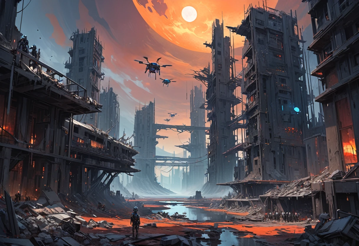 grand scape, futuristic atmosphere, dead world theme, polluted world, destroyed minimalist city with unfinished building structures, all constructions made of steel and iron, without vegetation, No Water, dark world, spectacular sky from another world, humanoid robots and drones roaming the environment. oil painting)
