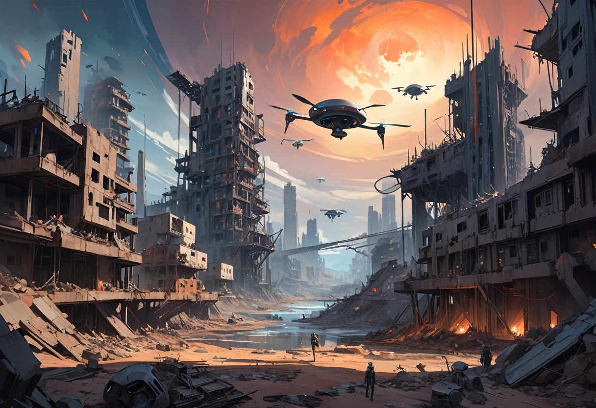 grand scape, futuristic atmosphere, dead world theme, polluted world, destroyed minimalist city with unfinished building structures, all constructions made of steel and iron, without vegetation, No Water, dark world, spectacular sky from another world, humanoid robots and drones roaming the environment. oil painting)