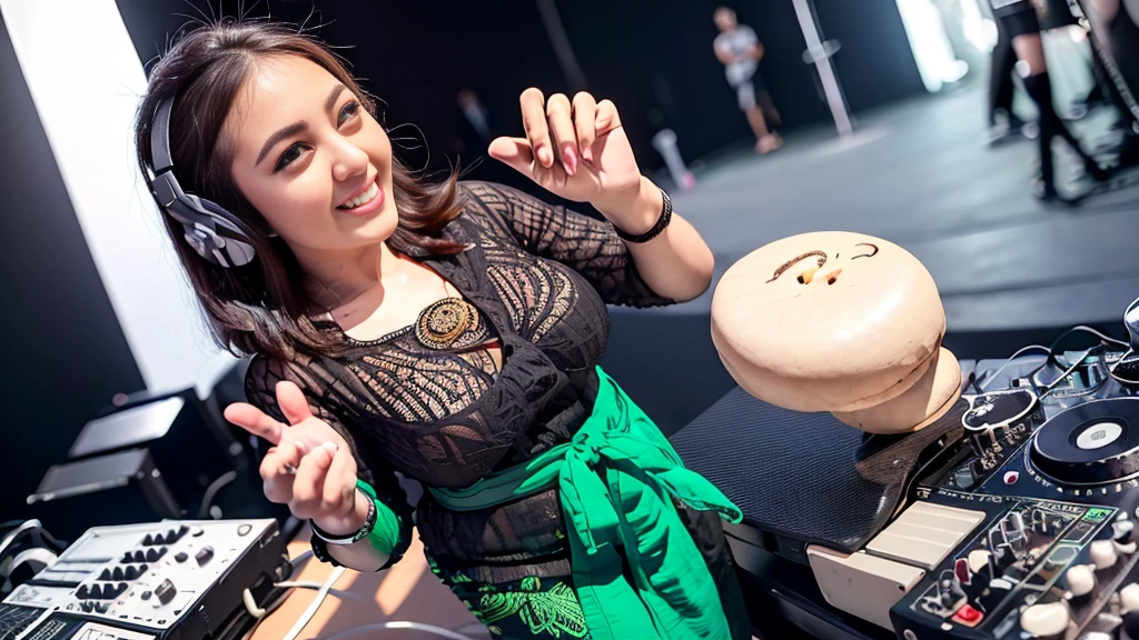 (ultra - detailed, 16K resolution, Cinema lenses, rendering by octane), (high resolution:1.18), intricate detail, (masterpiece:1.1), (highest quality:1.1), (1girl, portrait, white hair, blue eyes, short hair, detailed eyes),Wearing silver DJ headphones, 1 malay-Indonesian girl, modern plain hot deep neck top and dupatta, shy, medium portrait, watery eyes, wearing blue dark green kebaya, ((big breasts)), black bokeh background, well-proportioned body,, chubby massive thighs, full body pose, Hena art on the body, hena art on arms, full body view , wearing red sneakers , Smile while DJing on stage, full body shot of, The spotlight shines on the female DJ. Photorealistic photography by Disco Lighting, (cute round face:1.3),big breast, bigtit,perfect fingers, five fingers, beautiful hands, perfect hands. master peace, cute smile.