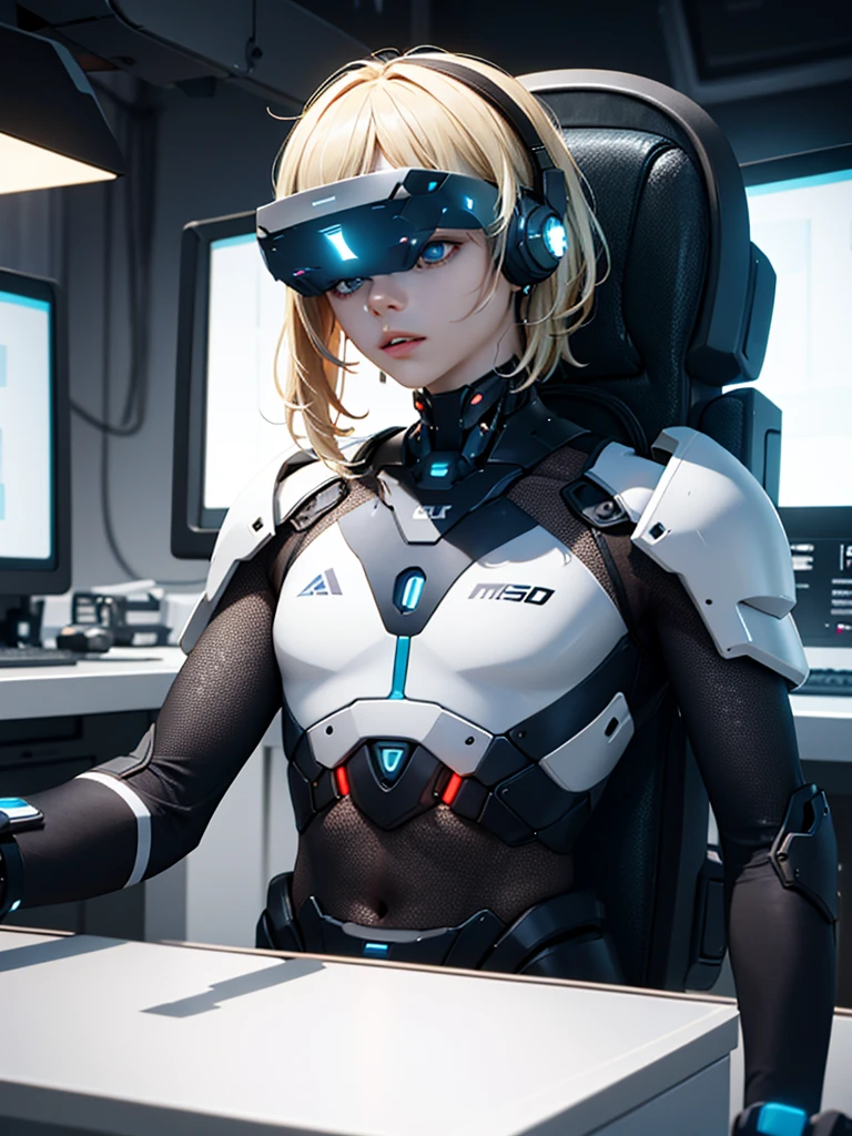 A handsome teenage boy with blonde short messy hair, blue eyes, beautiful detailed eyes, beautiful detailed lips, extremely detailed eyes and face, turned into a cyborg, wearing a futuristic headset, cyborg crop top armor, mind control device installed on head, blue glass-like futuristic visor, lying on a futuristic table, in a futuristic lab setting, futuristic technology, mind control device connected, best quality, 8k, highres, masterpiece, ultra-detailed, realistic, photorealistic, photo-realistic, HDR, UHD, studio lighting, ultra-fine painting, sharp focus, physically-based rendering, extreme detail description, professional, vivid colors, bokeh, sci-fi, concept art