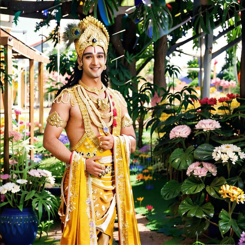 1boy, srj as krishna, golden crown with peacock feather, flower garland, handsome face, standing tall and handsome, charismatic face, colorful flower garden behind, smile, golden costume, sparkle background,, portrait of an anime person, aesthetic, wlop, trending on artstation, deviantart, anime key visual, 8k uhd, Wide angle, chaotic cabin in background. vibrant, photorealistic, realistic, dramatic, dark, sharp focus, 8k., high quality photography, 3 point lighting, flash with softbox, 4k, Canon EOS R3, hdr, smooth, sharp focus, high resolution, award winning photo, 80mm, f2.8, bokeh