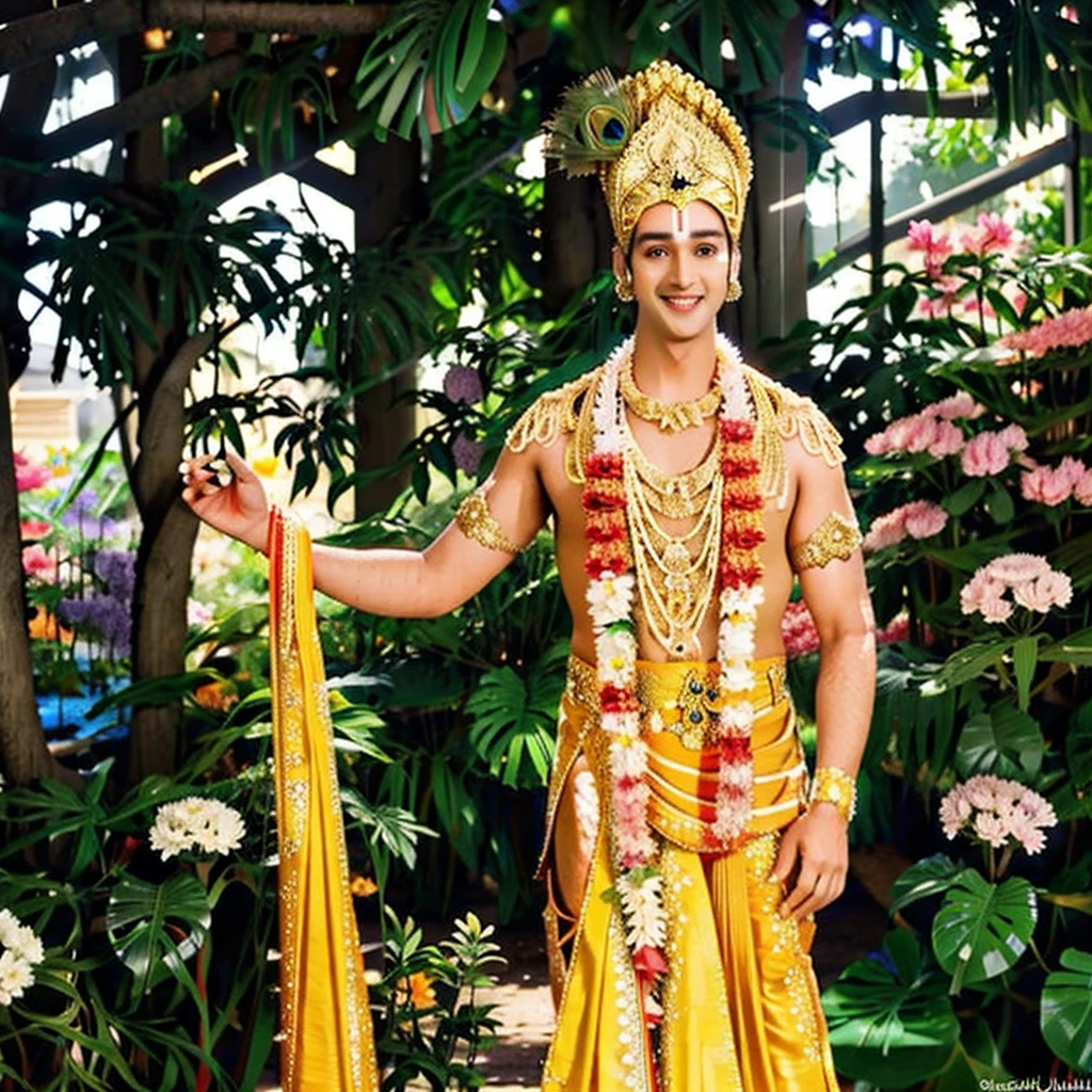 1boy, srj as krishna, golden crown with peacock feather, flower garland, handsome face, standing tall and handsome, charismatic face, colorful flower garden behind, smile, golden costume, sparkle background,, portrait of an anime person, aesthetic, wlop, trending on artstation, deviantart, anime key visual, 8k uhd, Wide angle, chaotic cabin in background. vibrant, photorealistic, realistic, dramatic, dark, sharp focus, 8k., high quality photography, 3 point lighting, flash with softbox, 4k, Canon EOS R3, hdr, smooth, sharp focus, high resolution, award winning photo, 80mm, f2.8, bokeh