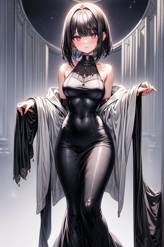 masterpiece, best quality, high-resolution, finely detailed, extremely detailed and beautiful, distinct image, 1 girl, solo, beautiful young teenage girl, 13 years old, tanned white skin, long loose and flowing silky negligee sleepwear, short shoulder length hair, sleek dark violet-black hair, Pixie cut hair, big round velvet colored eyes, fringe bangs over forehead, oval shaped face, sharp facial features, high-bridged nose, full cherry pink lips. medium height(172cm). D-cup breasts, small narrow waist. small delicate curvy hips, smooth silky thick thighs, large round ass, hourglass figure, slender and slim build with a toned and fit physique , standing upright, full body picture, hip-level shot. classy and opulent bedroom setting